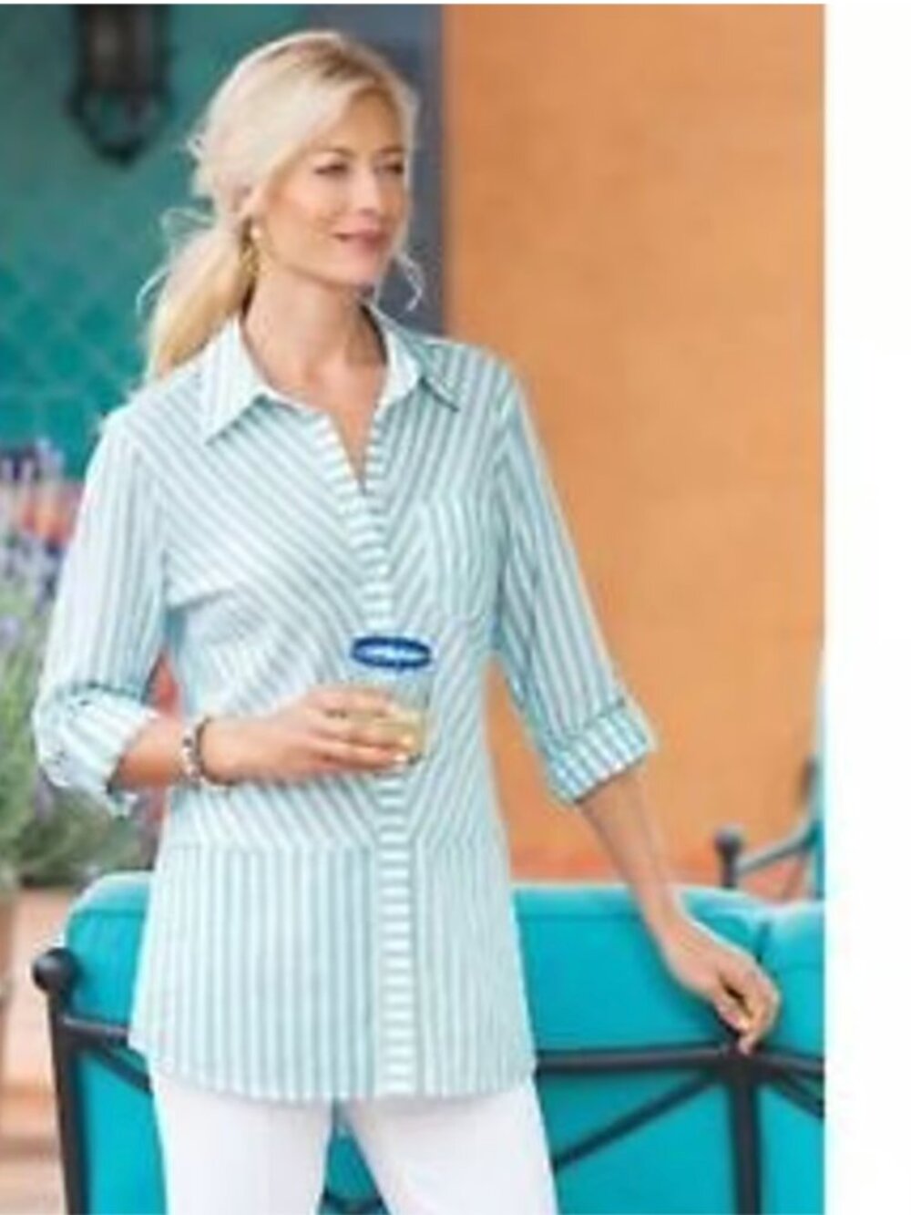 NWT Soft Surroundings Marlowe Striped Shirt Spa Blue White Button Down Size L